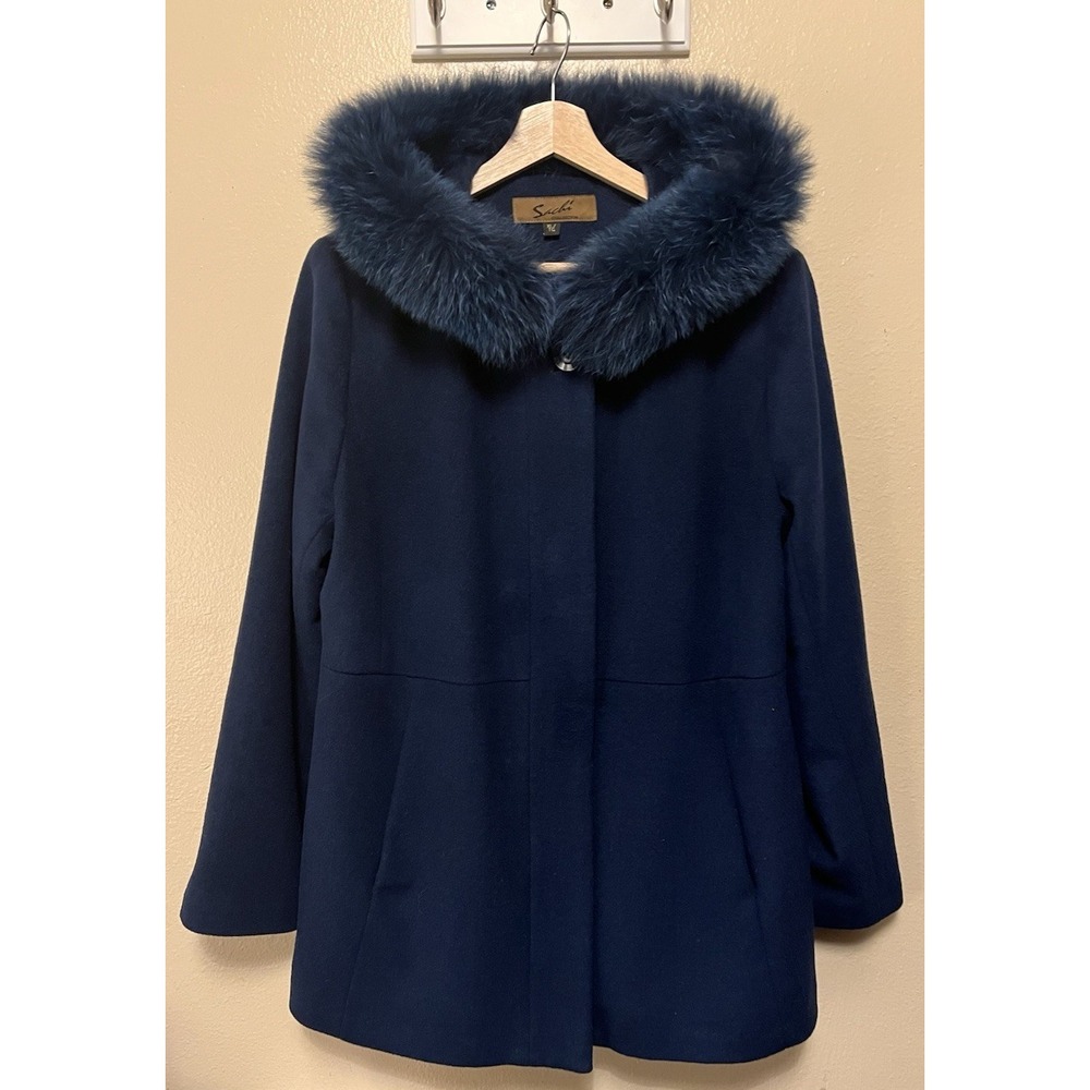 Sachi Collection Genuine Fox Fur Trim Hooded Wool Blend Pea Coat Teal Blue Sz XL